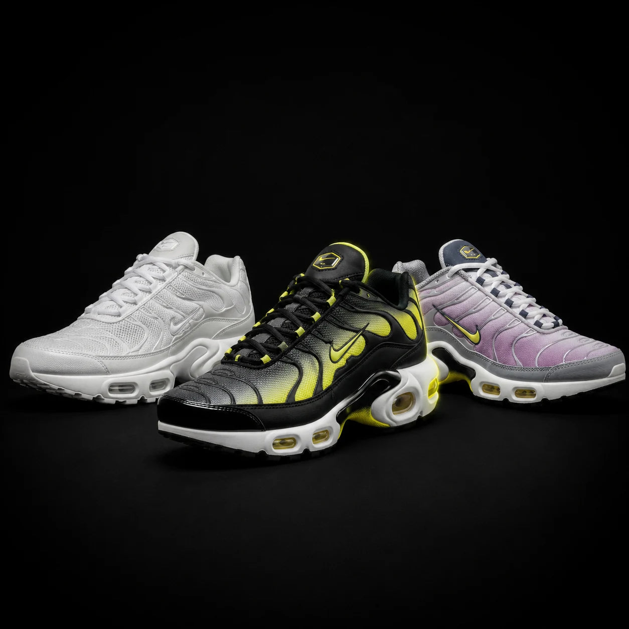 Urban Kinetic Wear Women's Nike Air Max Plus TN — white, black/yellow, and lilac colourways