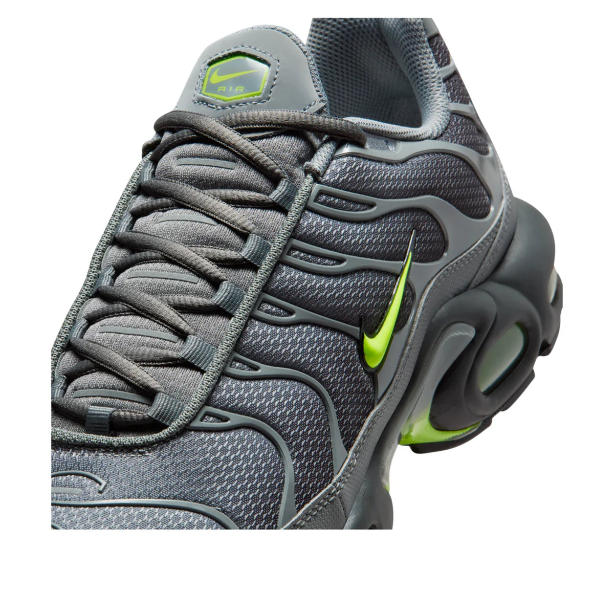 Nike Air Max Plus Smoke Grey Volt — heel and tongue branding | Urban Kinetic Wear UK