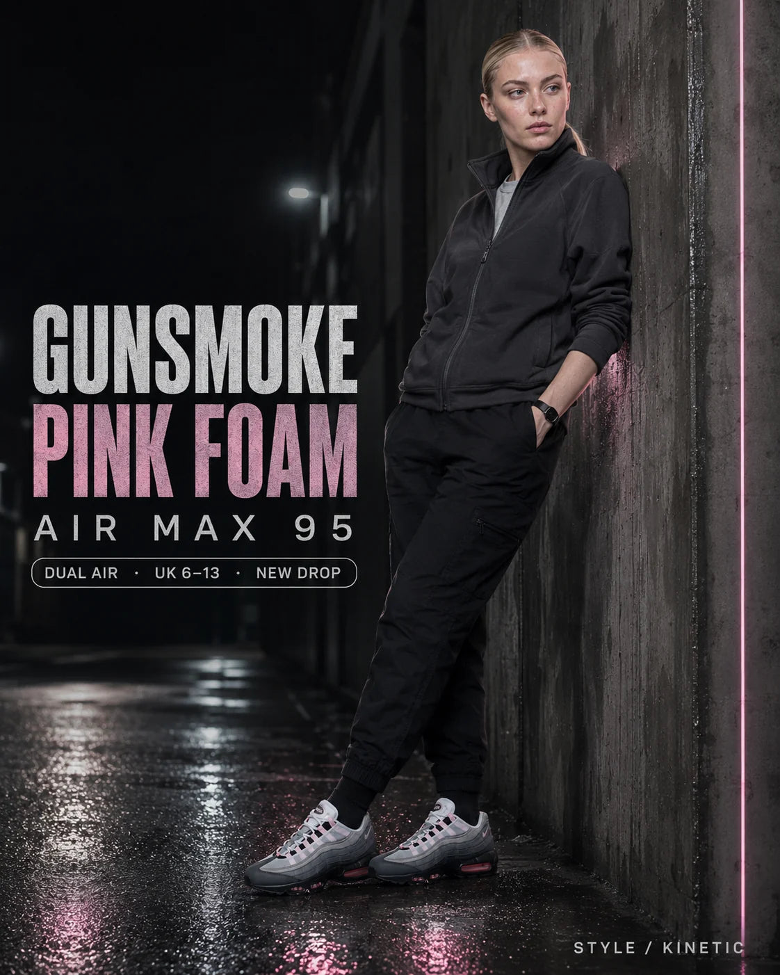 Urban Kinetic Wear Nike Air Max 95 Gunsmoke Pink Foam women's lifestyle — streetwear ready