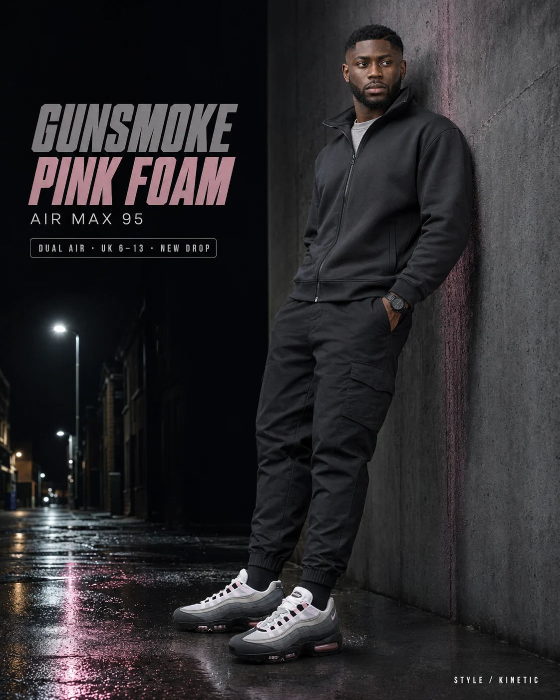 Urban Kinetic Wear Nike Air Max 95 Gunsmoke Pink Foam lifestyle — streetwear ready