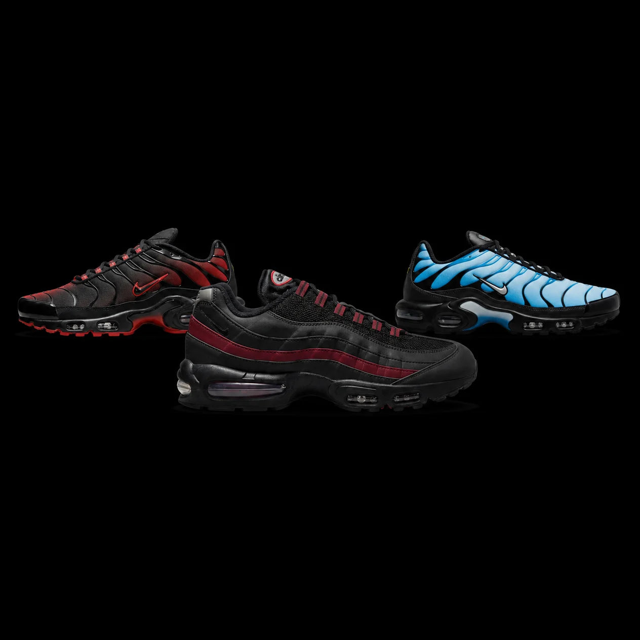 Urban Kinetic Wear New Drops — Nike Air Max Plus TN Black Gradient Red, Air Max 95 Big Bubble Bred, and Air Max Plus TN Aquarius Blue trainers on a black studio backdrop