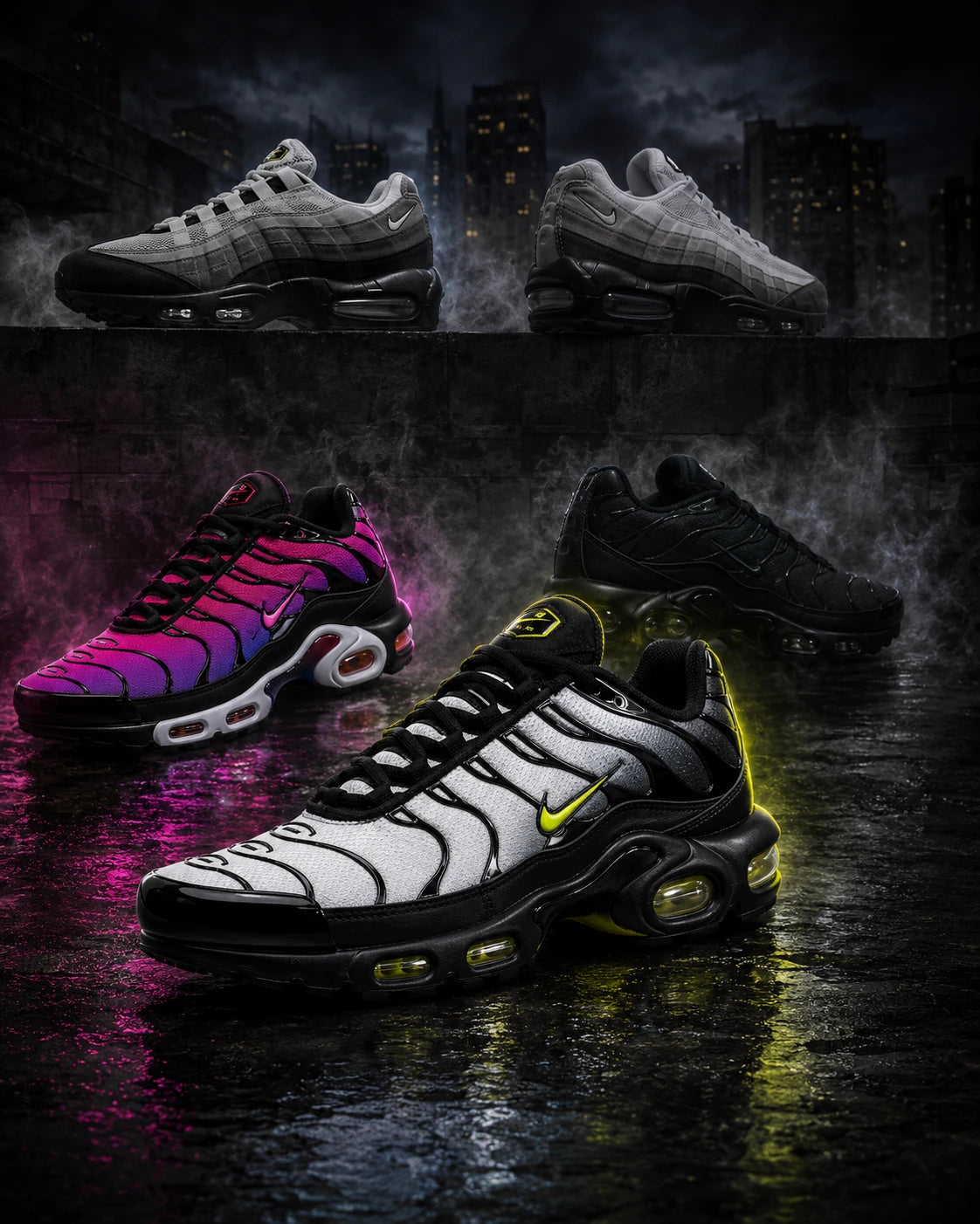 Urban Kinetic Wear premium UK streetwear trainer campaign — TN Black White Volt lead colourway with Hyper Pink Purple Gradient and Triple Black supporting silhouettes on a moody UK rooftop scene with wet neon-reflective pavement